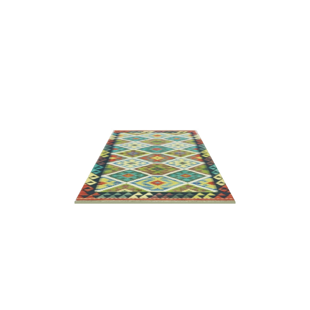Afghan Kilim Rug 3x6 | Olive Green, Teal & Rust | Hand-Woven Wool Flatweave | True-Size 3D Rug | View in Your Room