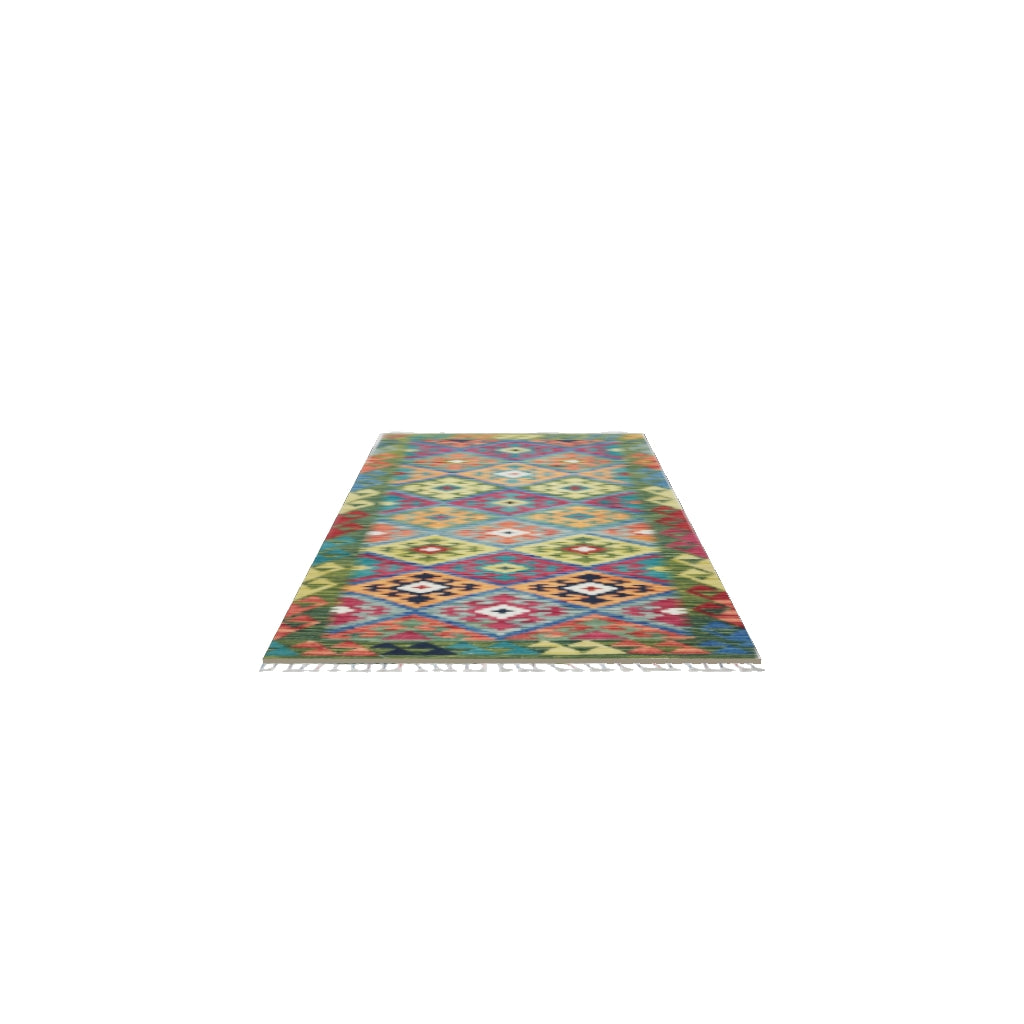 Afghan Kilim Rug 3x6 | Olive Green, Pink & Teal | Hand-Woven Wool Flatweave | True-Size 3D Rug | View in Your Room