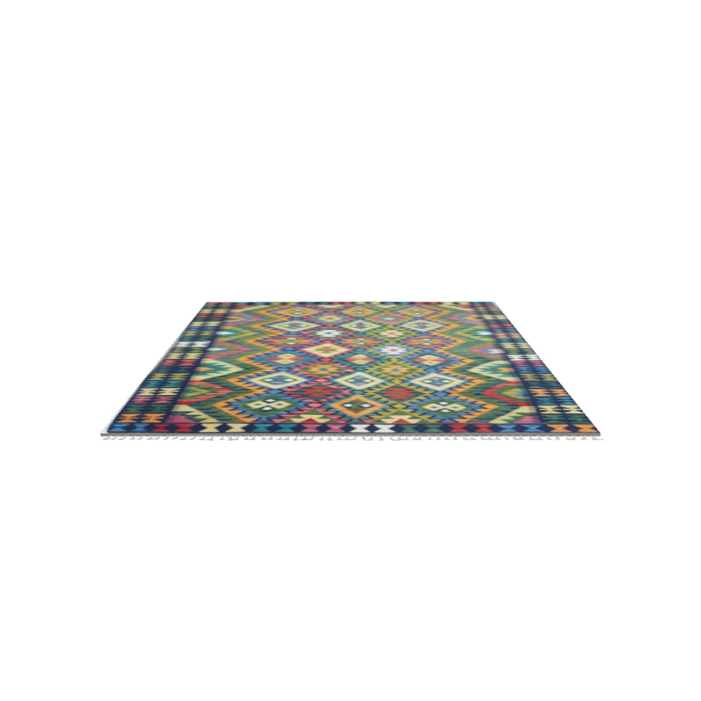 Afghan Kilim Rug 5x7 | Green, Olive Green & Navy | Hand-Woven Wool Flatweave | True-Size 3D Rug | View in Your Room