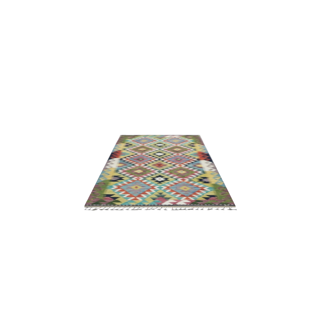 Afghan Kilim Runner 3x7 | Olive Green, Teal & Rust | Hand-Woven Wool Flatweave | True-Size 3D Rug | View in Your Room