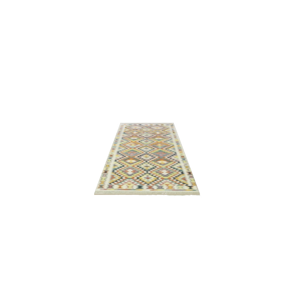 Afghan Kilim Runner 3x10 | Ivory, Gold & Purple | Hand-Woven Wool Flatweave | True-Size 3D Rug | View in Your Room