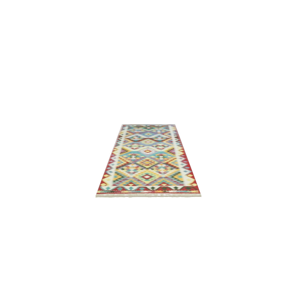 Afghan Kilim Runner 3x10 | Red, Ivory & Yellow | Hand-Woven Wool Flatweave | True-Size 3D Rug | View in Your Room