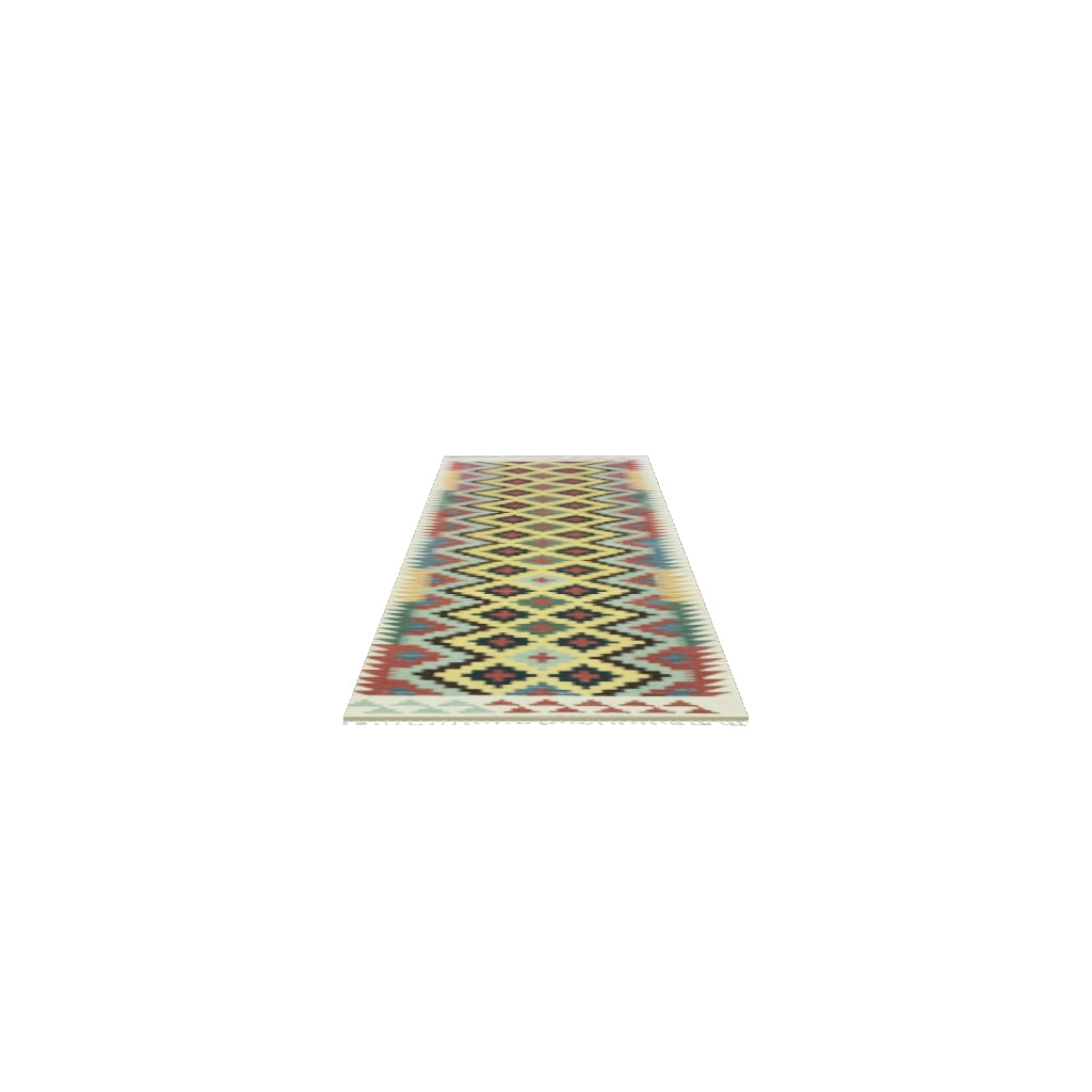 Afghan Kilim Runner 3x10 | Navy, Yellow & Purple | Hand-Woven Wool Flatweave | True-Size 3D Rug | View in Your Room