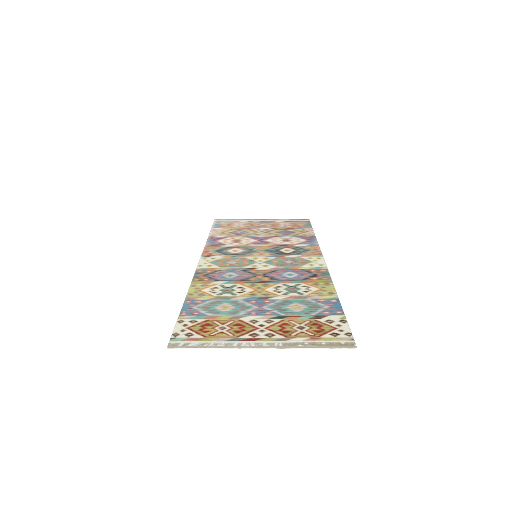 Afghan Kilim Runner 3x10 | Teal, Ivory & Rust | Hand-Woven Wool Flatweave | True-Size 3D Rug | View in Your Room
