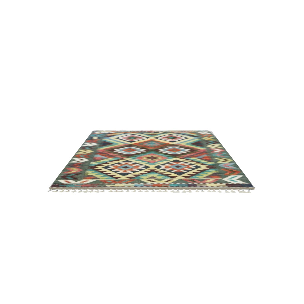 Afghan Kilim Rug 3x4 | Green, Brown & Rust | Hand-Woven Wool Flatweave | True-Size 3D Rug | View in Your Room