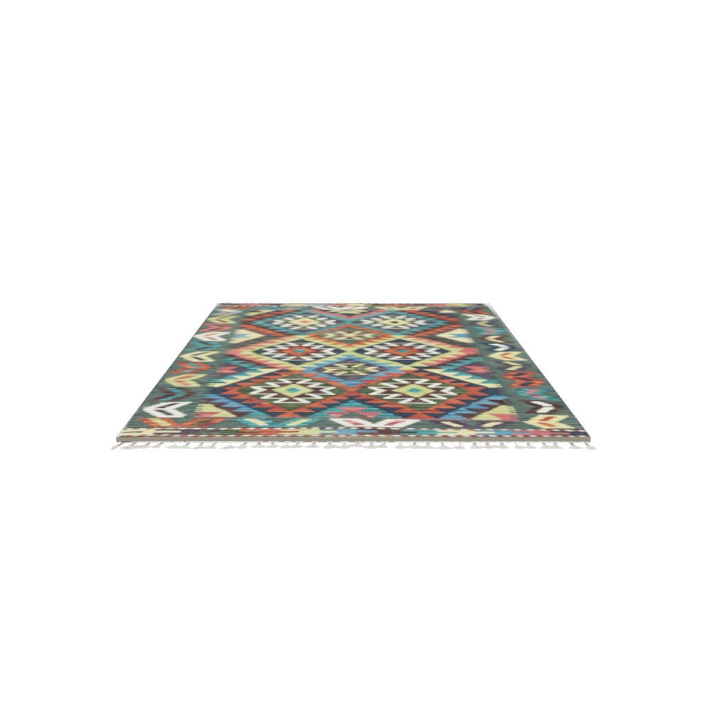 Afghan Kilim Rug 3x4 | Gray, Teal & Rust | Hand-Woven Wool Flatweave | True-Size 3D Rug | View in Your Room