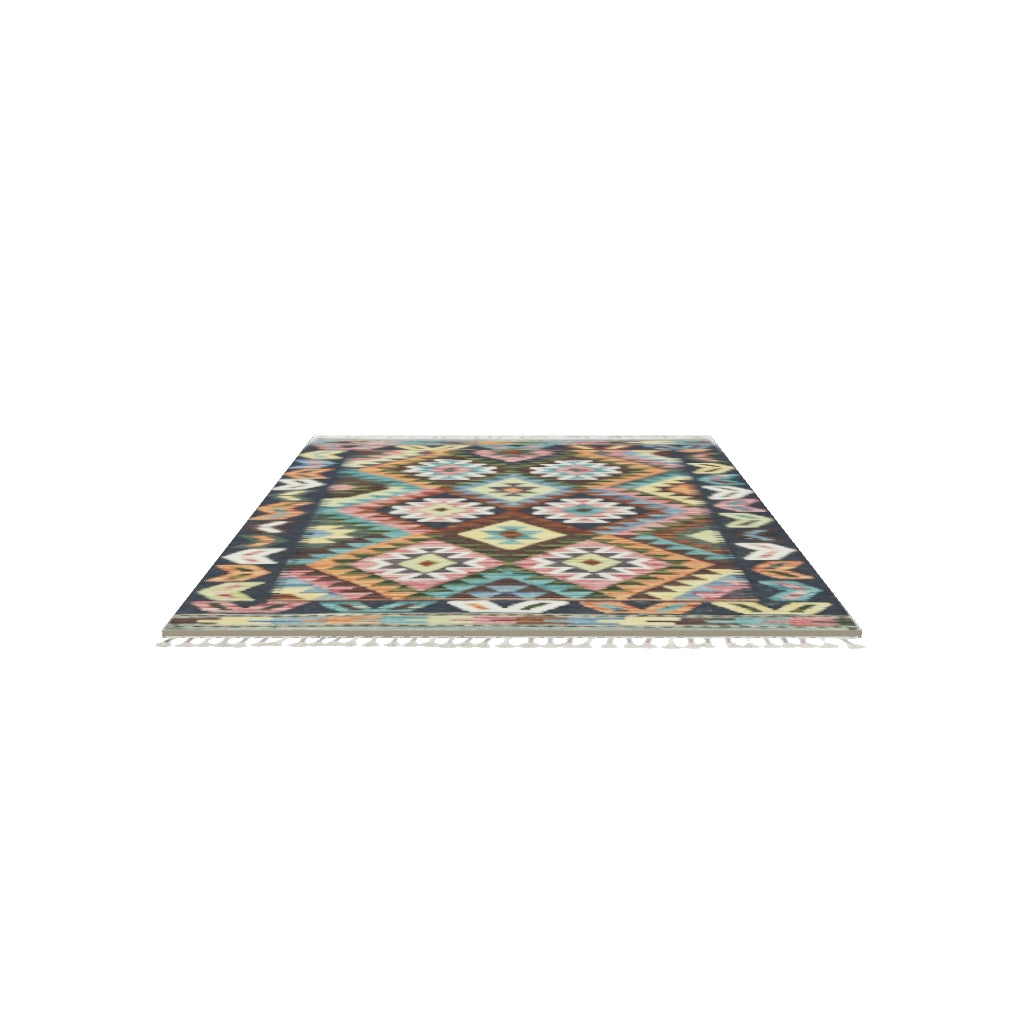 Afghan Kilim Rug 3x4 | Navy, Rust & Teal | Diamond Lattice Wool Flatweave | True-Size 3D Rug | View in Your Room
