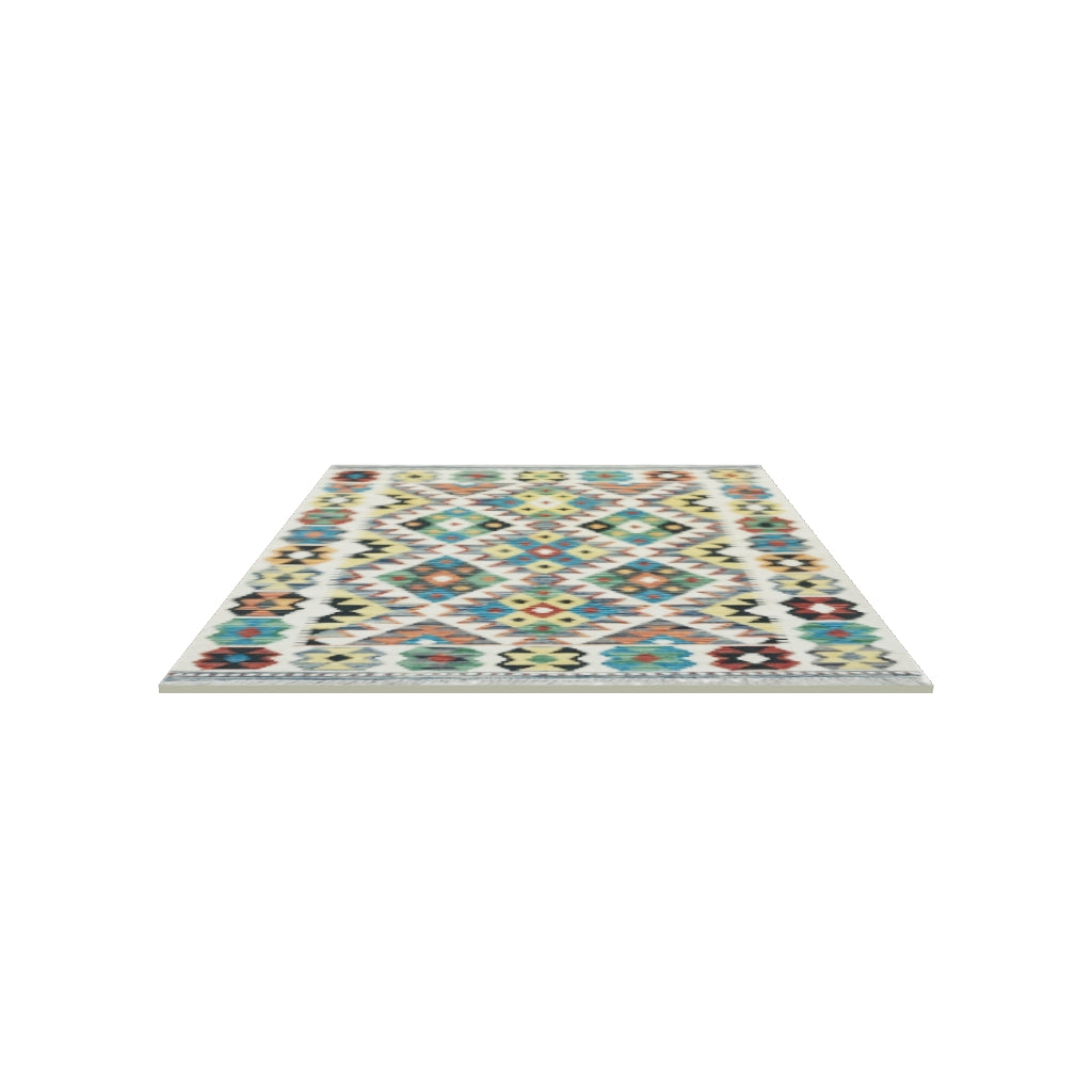 Afghan Kilim Rug 3x4 | Ivory, Teal & Gold | Hand-Woven Wool Flatweave | True-Size 3D Rug | View in Your Room