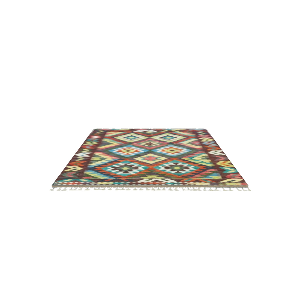 Afghan Kilim Rug 3x4 | Brown, Rust & Olive Green | Hand-Woven Wool Flatweave | True-Size 3D Rug | View in Your Room