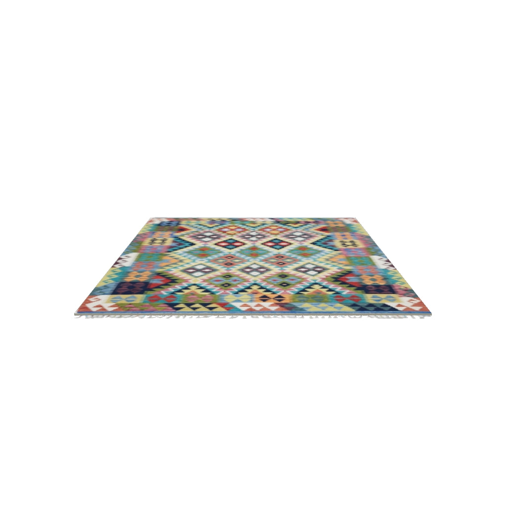 Afghan Kilim Rug 5x6 | Teal, Red & Navy | Hand-Woven Wool Flatweave | True-Size 3D Rug | View in Your Room