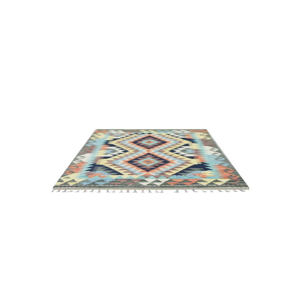 Afghan Kilim Rug 3x4 | Navy, Teal & Gold | Hand-Woven Wool Flatweave | True-Size 3D Rug | View in Your Room