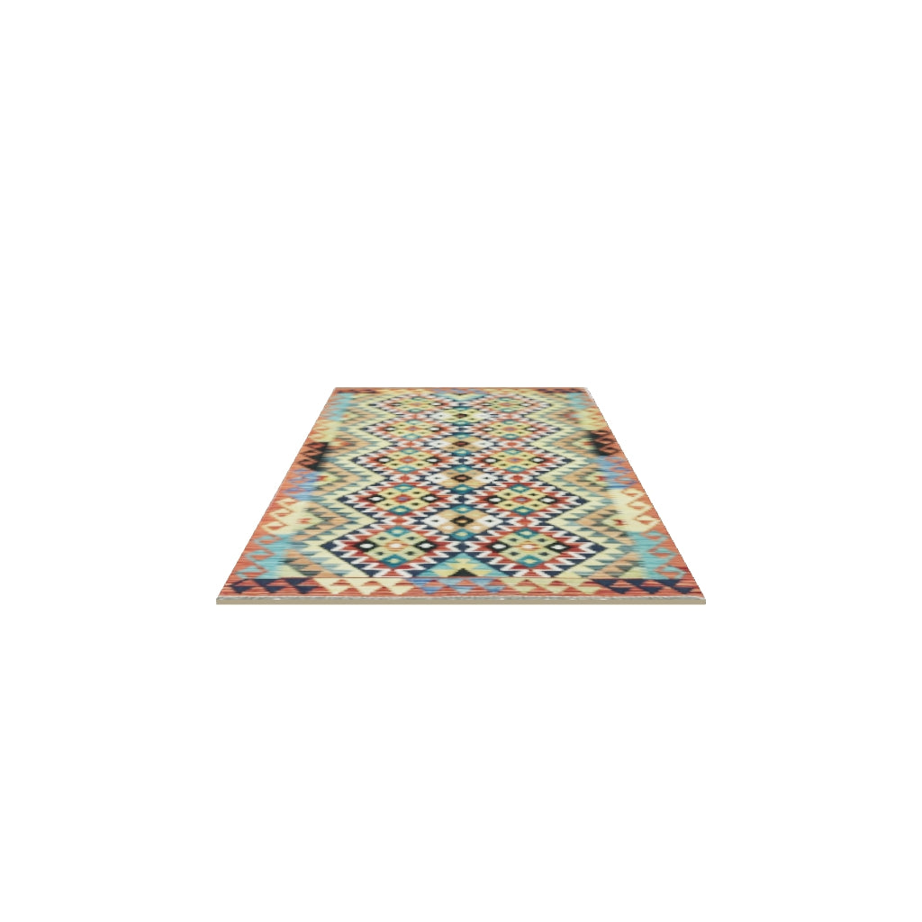 Afghan Kilim Rug 3x6 | Rust, Teal & Gold | Hand-Woven Wool Flatweave | True-Size 3D Rug | View in Your Room