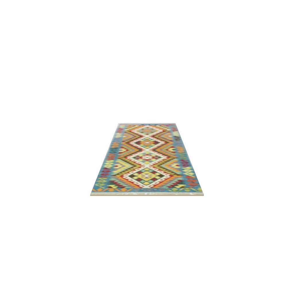 Afghan Kilim Runner 3x10 | Blue, Rust & Ivory | Hand-Woven Wool Flatweave | True-Size 3D Rug | View in Your Room