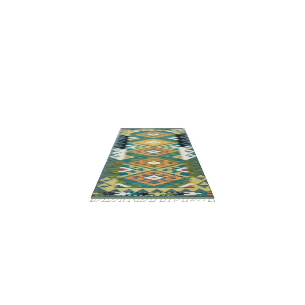 Afghan Kilim Runner 2x6 | Teal, Olive Green & Orange | Hand-Woven Wool Flatweave | True-Size 3D Rug | View in Your Room