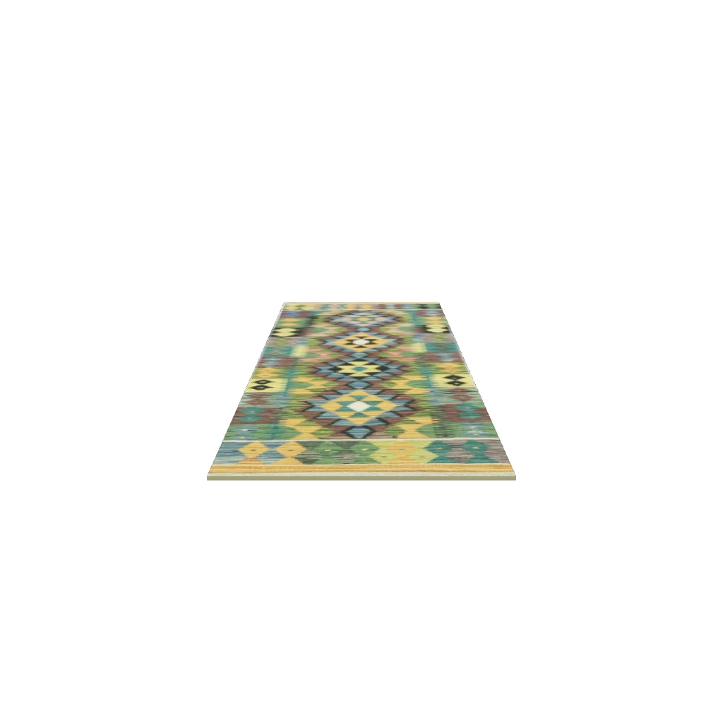 Afghan Kilim Runner 2x6 | Olive Green, Teal & Gold | Hand-Woven Wool Flatweave | True-Size 3D Rug | View in Your Room