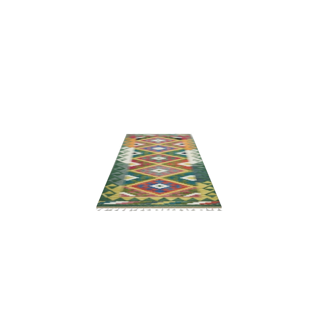 Afghan Kilim Runner 2x6 | Green, Orange & Pink | Hand-Woven Wool Flatweave | True-Size 3D Rug | View in Your Room