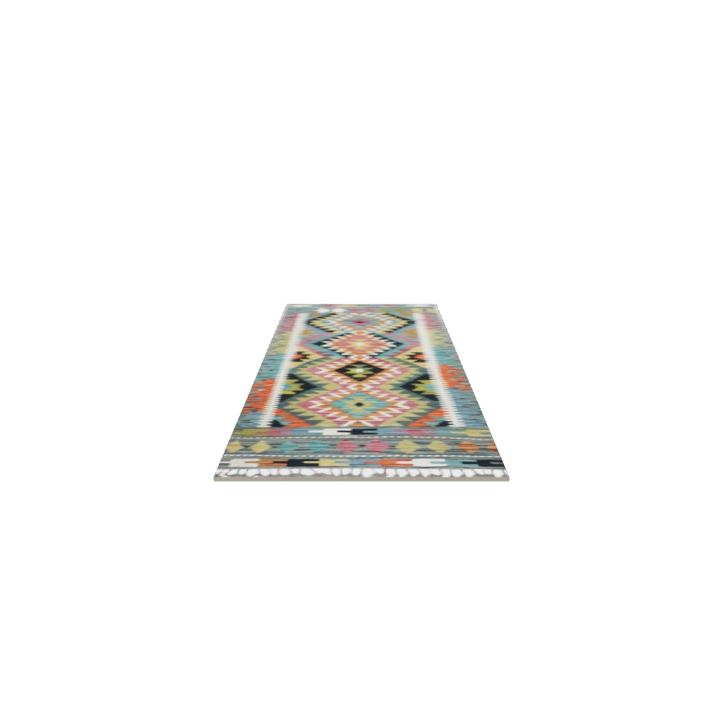 Afghan Kilim Runner 2x6 | Teal, Rust & Ivory | Hand-Woven Wool Flatweave | True-Size 3D Rug | View in Your Room