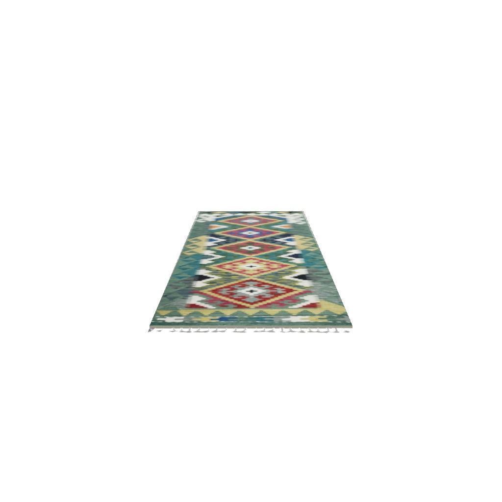Afghan Kilim Runner 2x6 | Green, Rust & Ivory | Hand-Woven Wool Flatweave | True-Size 3D Rug | View in Your Room