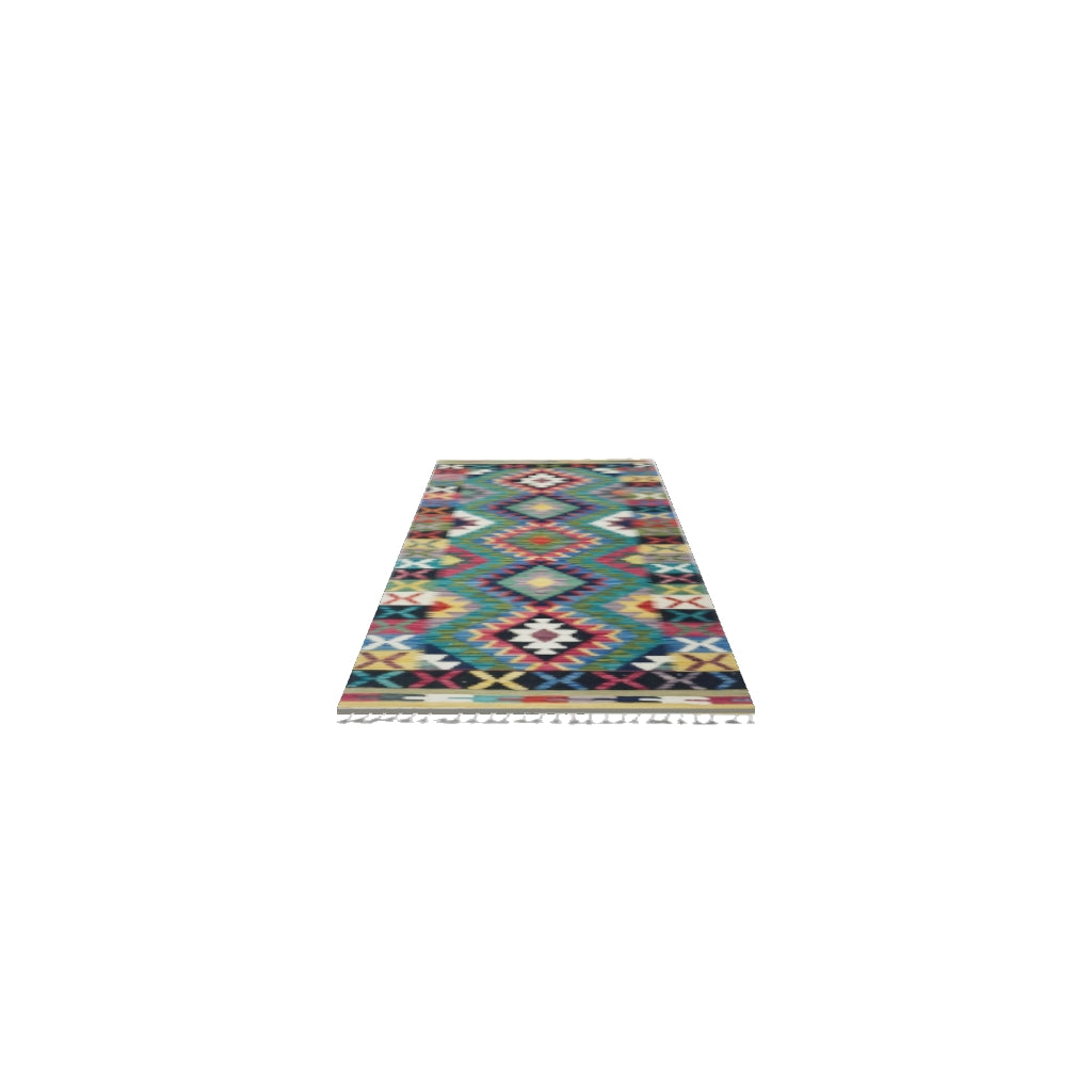 Afghan Kilim Runner 2x7 | Teal, Green & Navy | Hand-Woven Wool Flatweave | True-Size 3D Rug | View in Your Room
