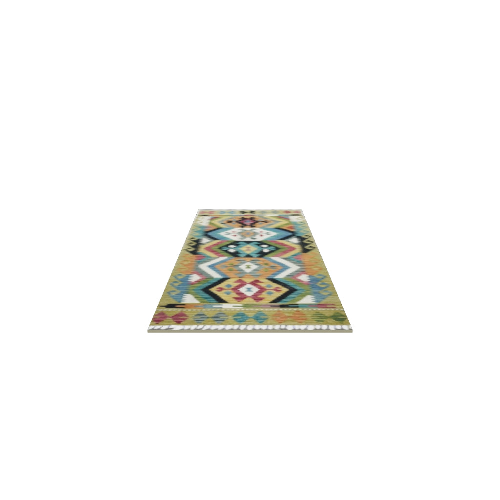 Afghan Kilim Runner 2x7 | Gold, Ivory & Black | Hand-Woven Wool Flatweave | True-Size 3D Rug | View in Your Room