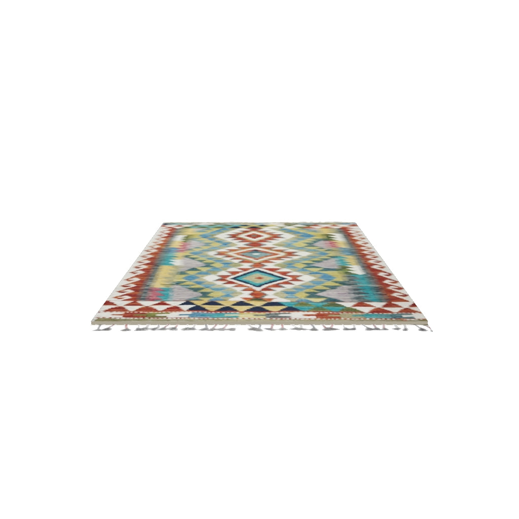 Afghan Kilim Rug 3x4 | Ivory, Rust & Olive Green | Hand-Woven Wool Flatweave | True-Size 3D Rug | View in Your Room