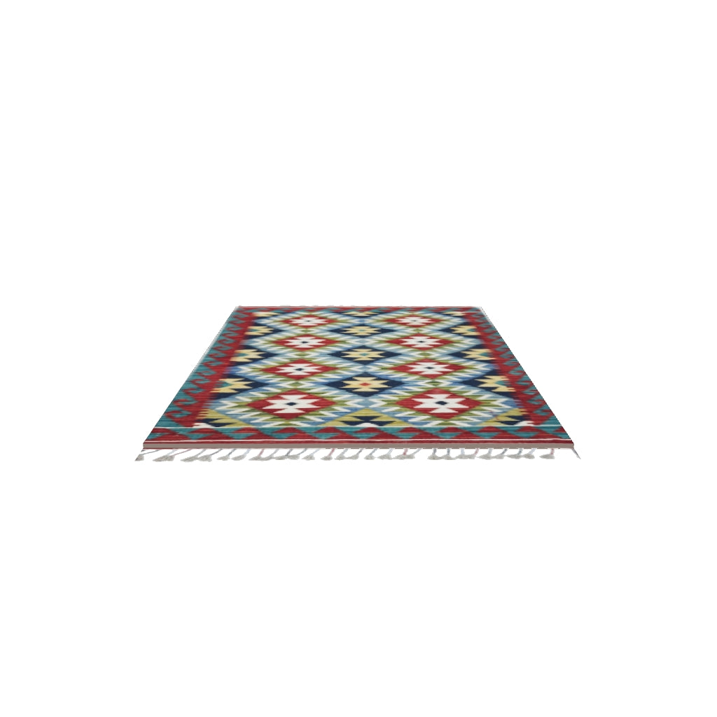 Afghan Kilim Rug 2x4 | Red, Navy & Blue | Hand-Woven Wool Flatweave | True-Size 3D Rug | View in Your Room