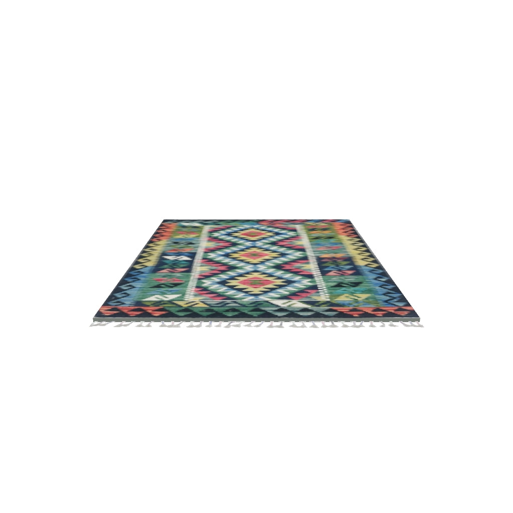 Afghan Kilim Rug 2x4 | Black, Green & Blue | Hand-Woven Wool Flatweave | True-Size 3D Rug | View in Your Room
