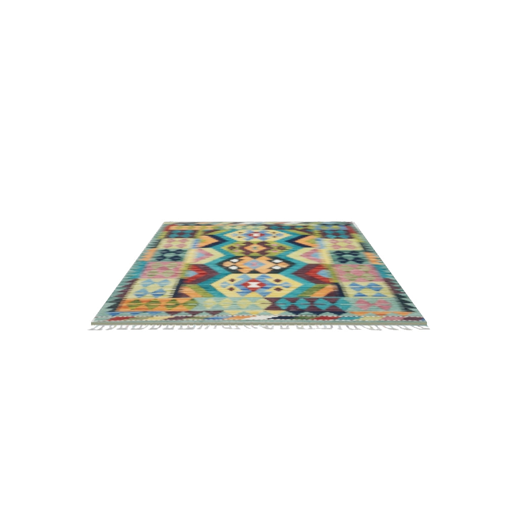 Afghan Kilim Rug 3x5 | Teal, Gold & Orange | Hand-Woven Wool Flatweave | True-Size 3D Rug | View in Your Room
