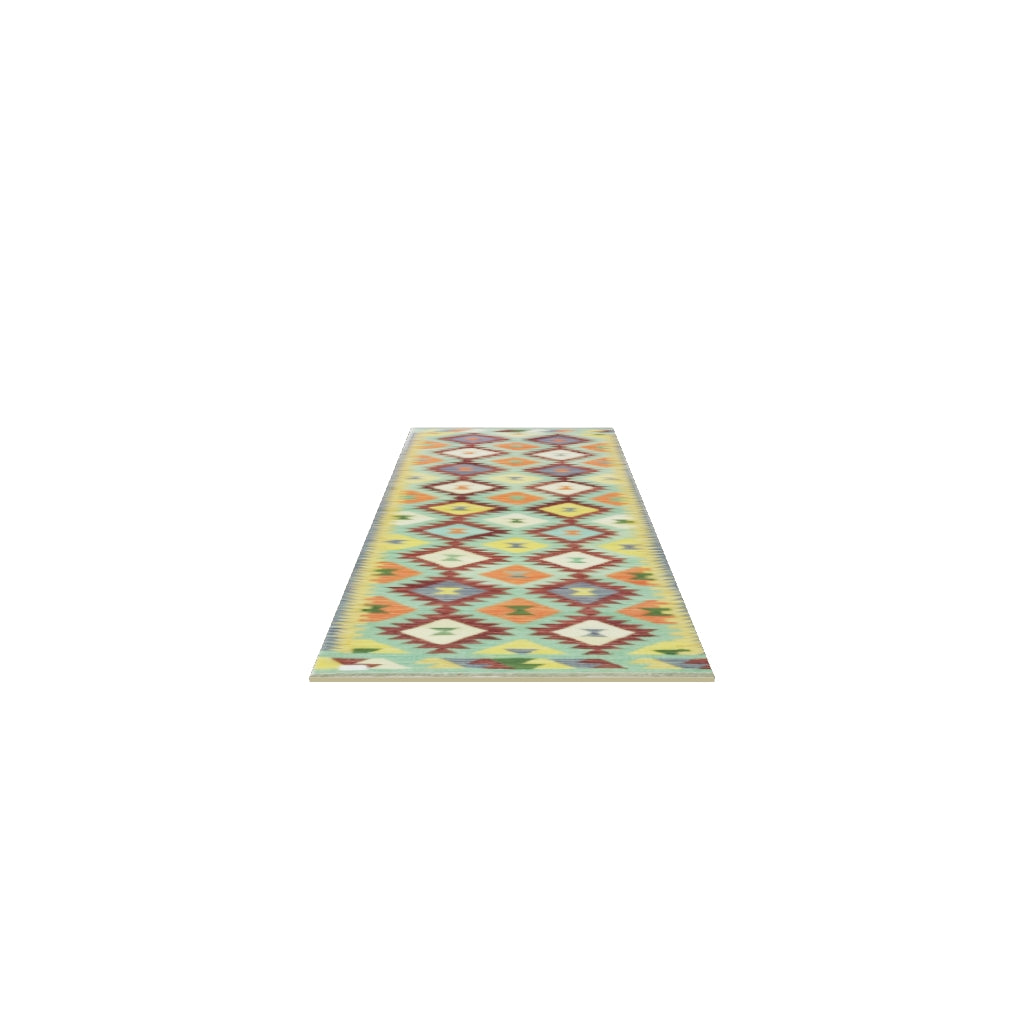 Afghan Kilim Runner 2x8 | Rust, Green & Teal | Hand-Woven Wool Flatweave | True-Size 3D Rug | View in Your Room
