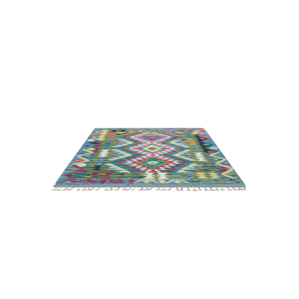 Afghan Kilim Rug 3x4 | Blue, Olive Green & Pink | Hand-Woven Wool Flatweave | True-Size 3D Rug | View in Your Room