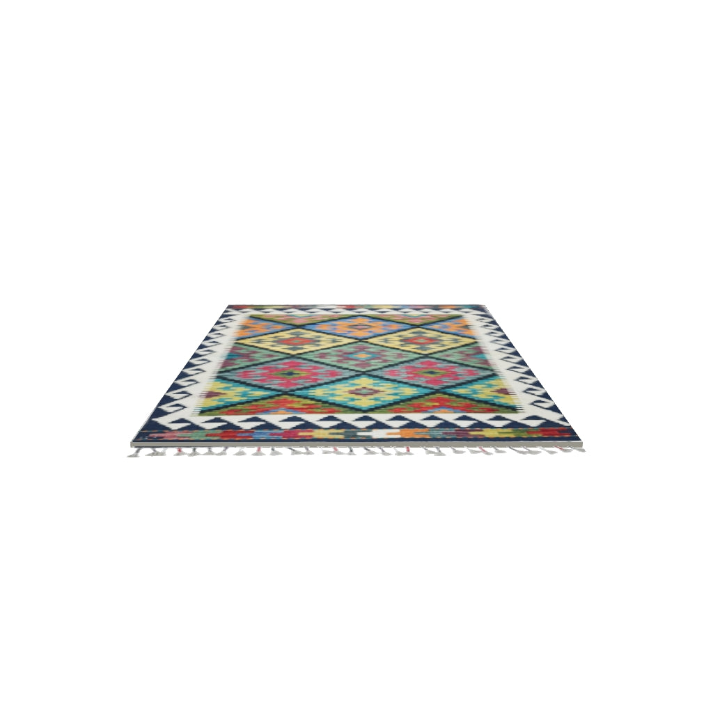 Afghan Kilim Rug 3x4 | Navy, Ivory & Green | Hand-Woven Wool Flatweave | True-Size 3D Rug | View in Your Room