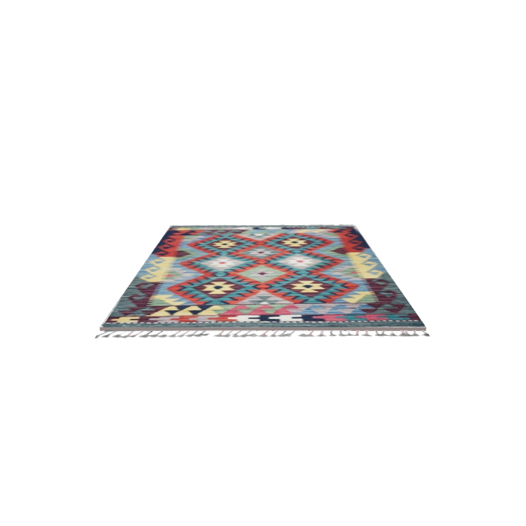 Afghan Kilim Rug 3x4 | Navy, Red & Teal | Hand-Woven Wool Flatweave | True-Size 3D Rug | View in Your Room