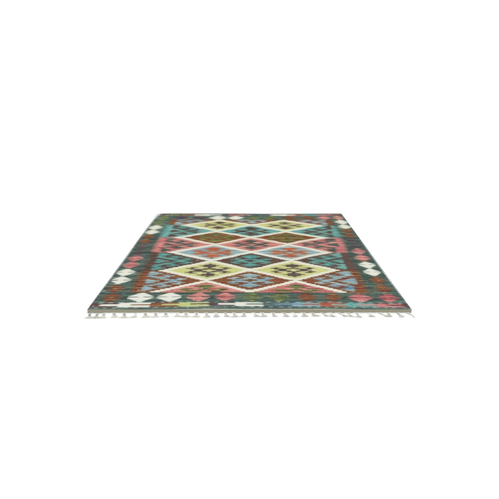 Afghan Kilim Rug 3x4 | Brown, Teal & Olive Green | Hand-Woven Wool Flatweave | True-Size 3D Rug | View in Your Room