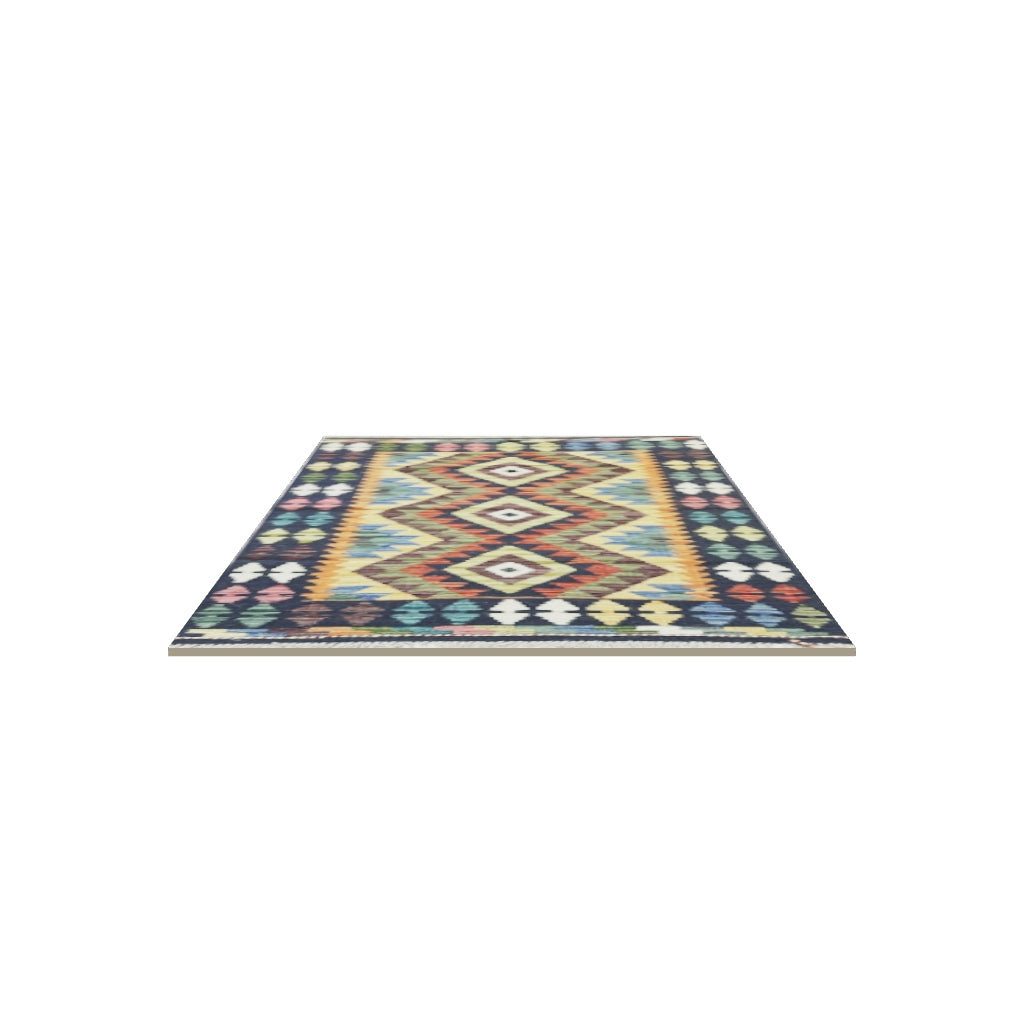 Afghan Kilim Rug 3x4 | Navy, Gold & Rust | Hand-Woven Wool Flatweave | True-Size 3D Rug | View in Your Room