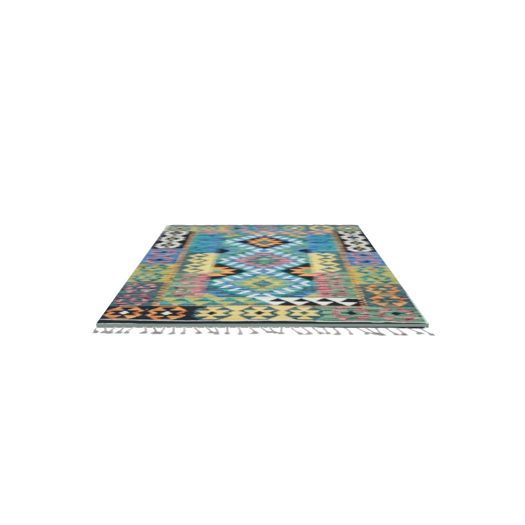 Afghan Kilim Rug 3x4 | Teal, Olive Green & Black | Hand-Woven Wool Flatweave | True-Size 3D Rug | View in Your Room