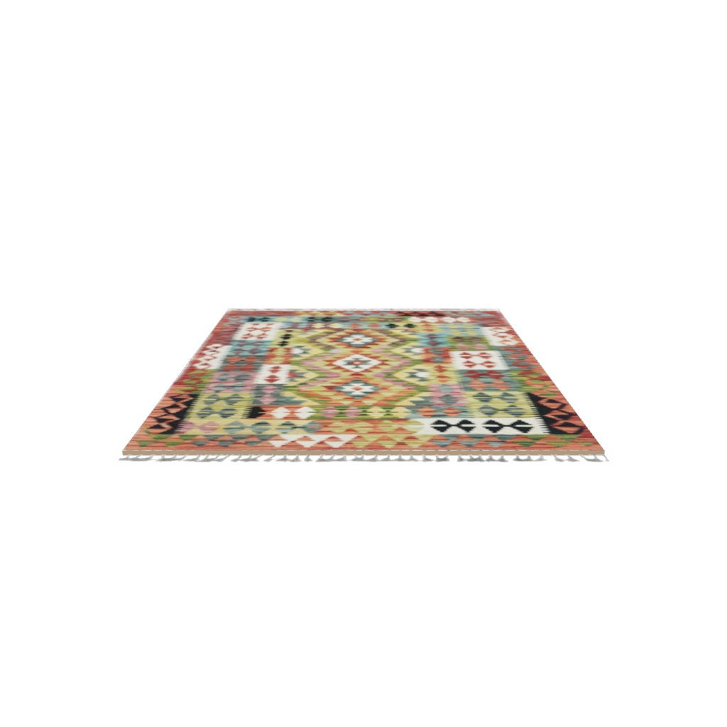 Afghan Kilim Rug 3x5 | Rust, Olive Green & Ivory | Hand-Woven Wool Flatweave | True-Size 3D Rug | View in Your Room