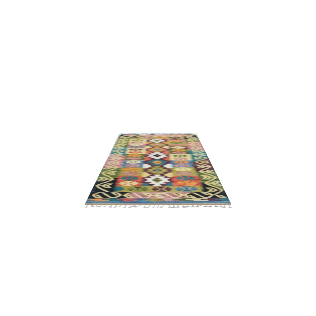 Afghan Kilim Runner 3x6 | Olive Green, Black & Pink | Hand-Woven Wool Flatweave | True-Size 3D Rug | View in Your Room