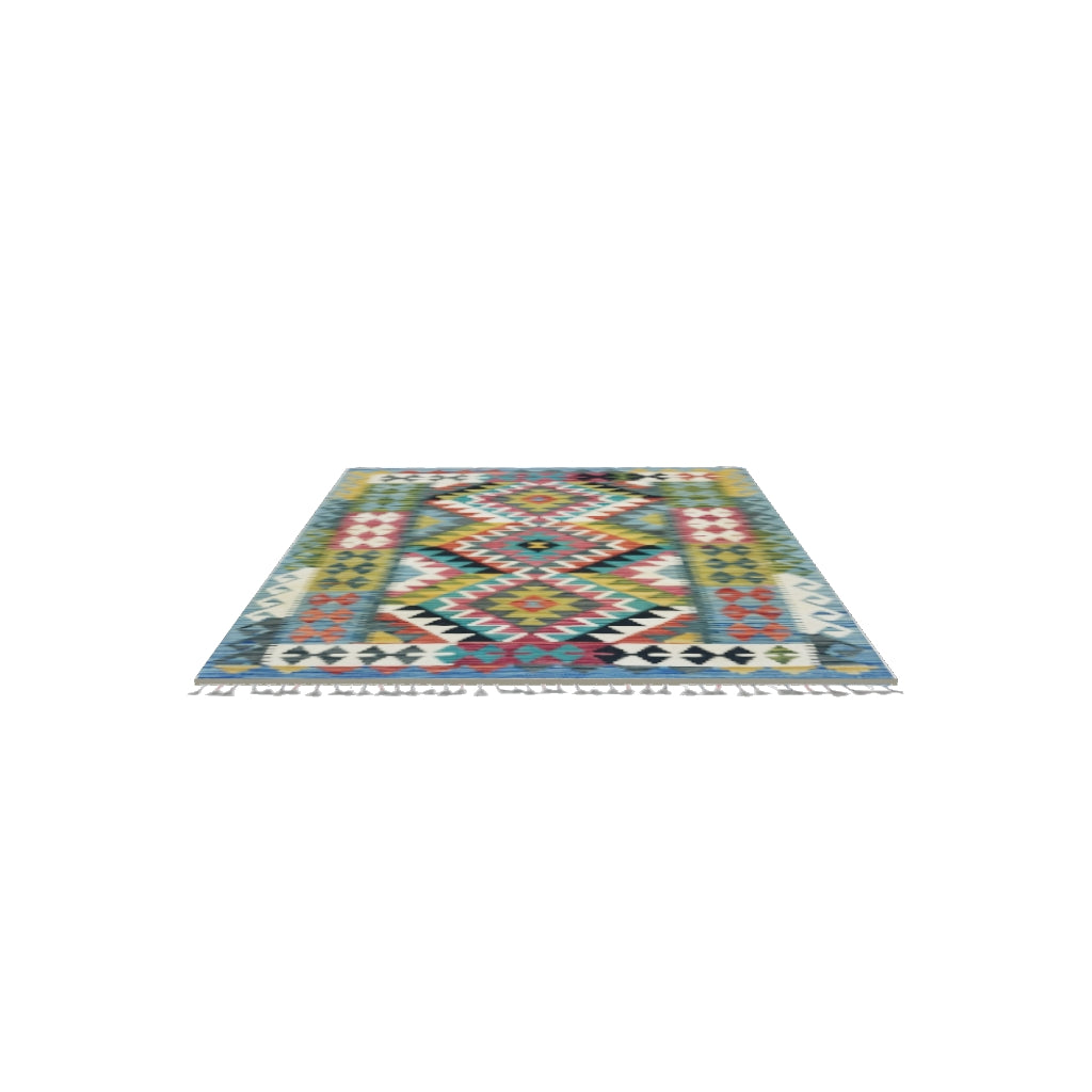 Afghan Kilim Rug 3x5 | Blue, Teal & Red | Hand-Woven Wool Flatweave | True-Size 3D Rug | View in Your Room
