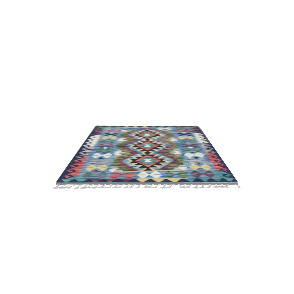 Afghan Kilim Rug 3x4 | Blue, Navy & Olive Green | Hand-Woven Wool Flatweave | True-Size 3D Rug | View in Your Room