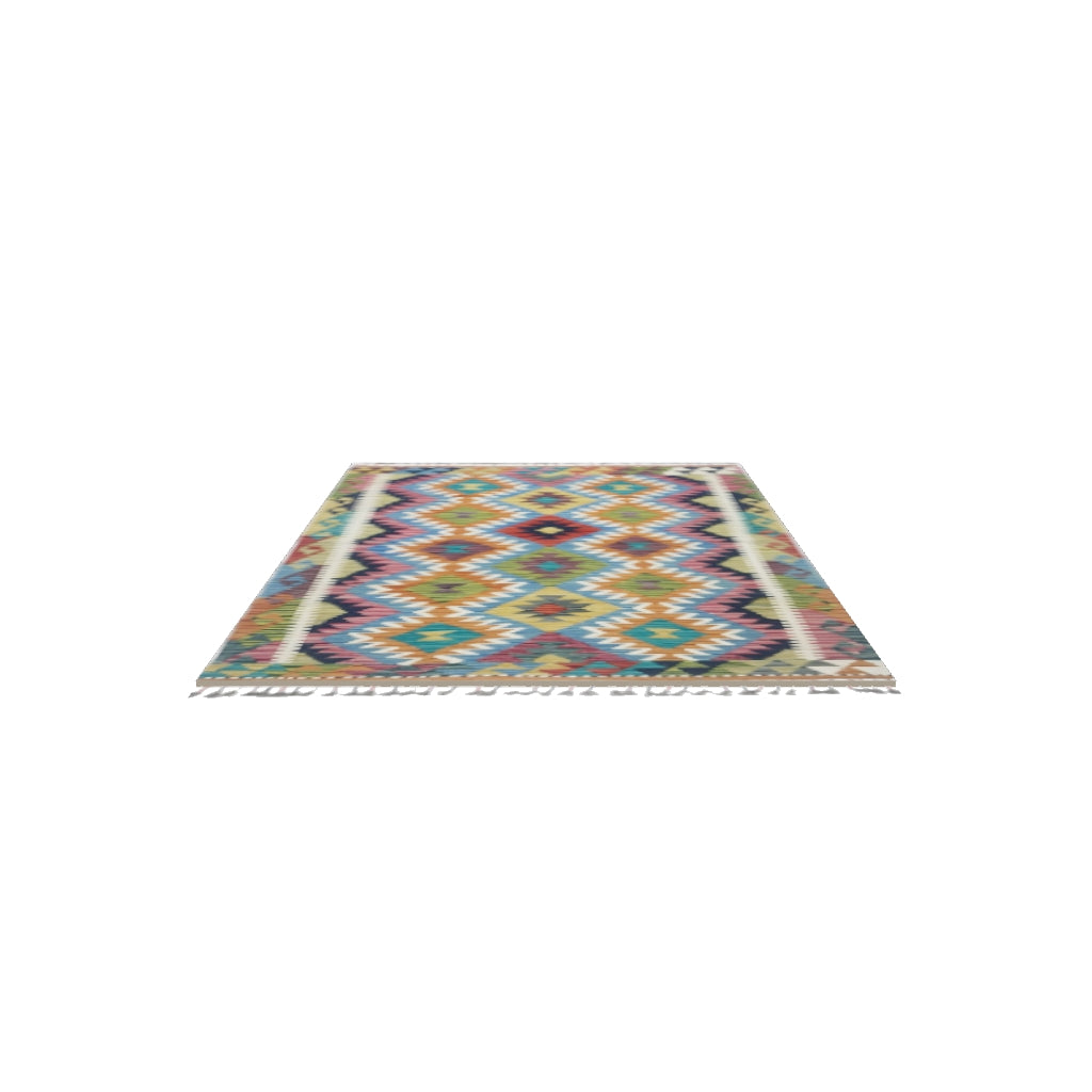Afghan Kilim Rug 3x5 | Blue, Orange & Olive Green | Hand-Woven Wool Flatweave | True-Size 3D Rug | View in Your Room