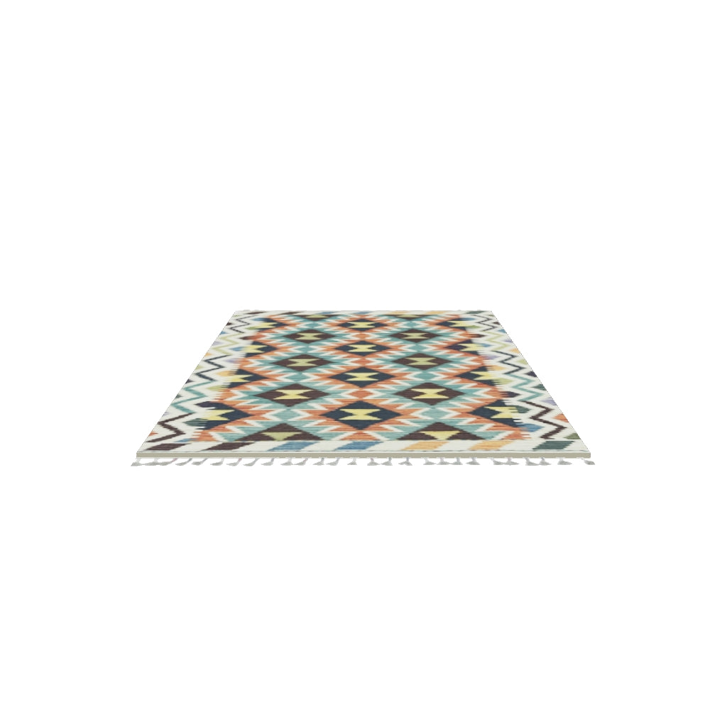 Afghan Kilim Rug 3x4 | Rust, Navy & Teal | Zigzag Wool Flatweave | True-Size 3D Rug | View in Your Room