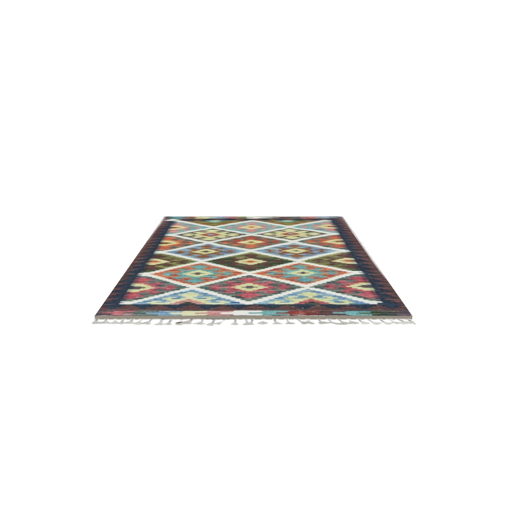 Afghan Kilim Rug 3x4 | Brown, Teal & Ivory | Hand-Woven Wool Flatweave | True-Size 3D Rug | View in Your Room