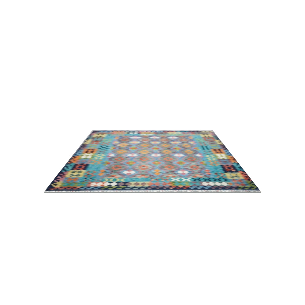 Afghan Kilim Rug 6x8 | Teal, Blue & Orange | Hand-Woven Wool Flatweave | True-Size 3D Rug | View in Your Room