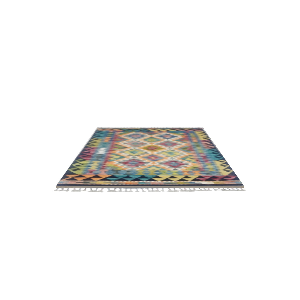 Afghan Kilim Rug 3x4 | Navy, Orange & Teal | Hand-Woven Wool Flatweave | True-Size 3D Rug | View in Your Room