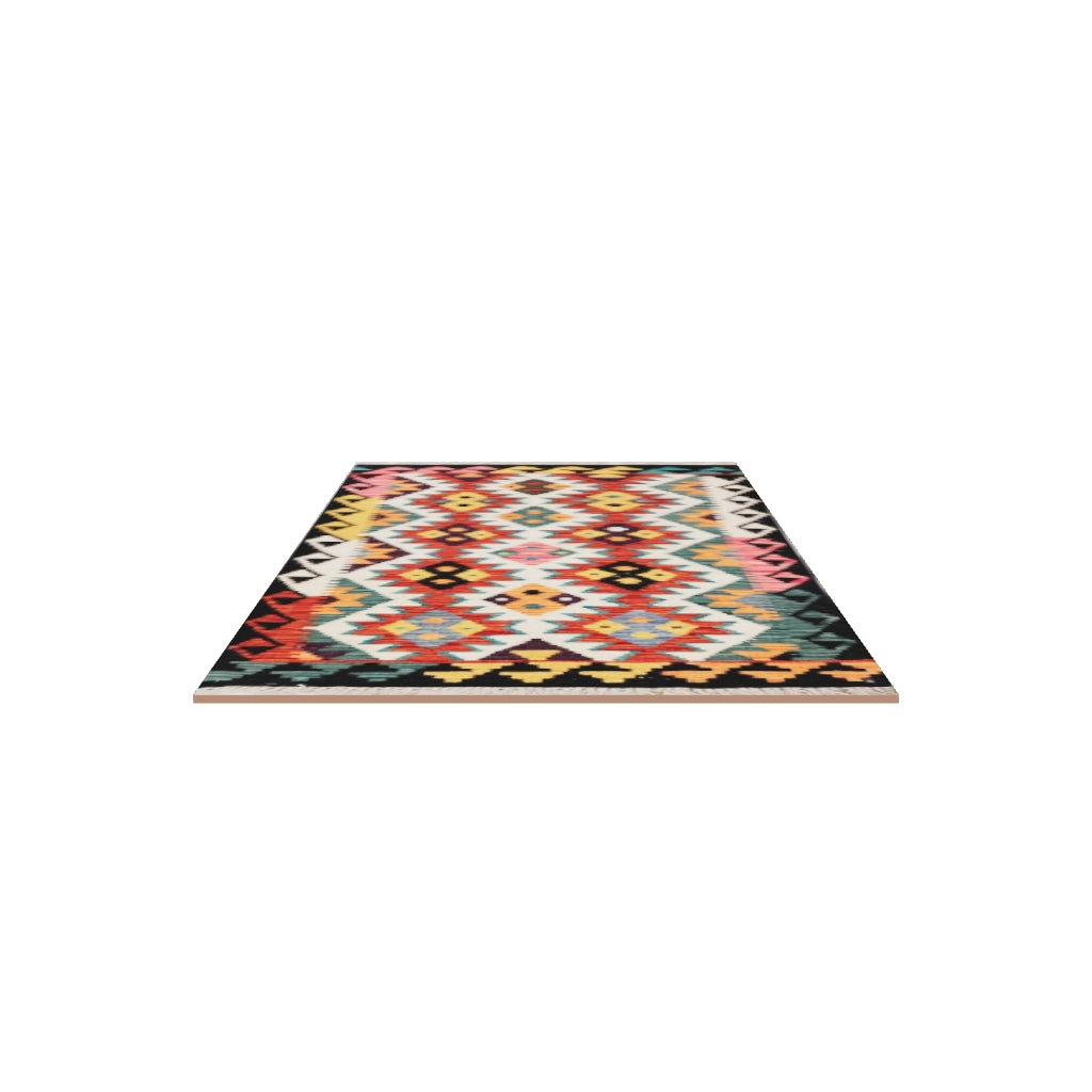 Afghan Kilim Rug 3x4 | Ivory, Red & Black | Hand-Woven Wool Flatweave | True-Size 3D Rug | View in Your Room