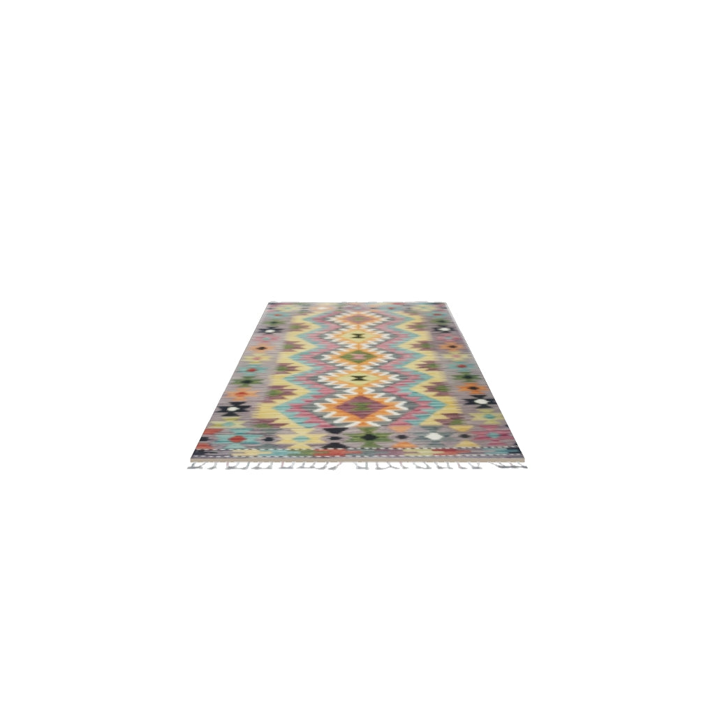 Afghan Kilim Runner 3x6 | Purple, Orange & Gold | Hand-Woven Wool Flatweave | True-Size 3D Rug | View in Your Room