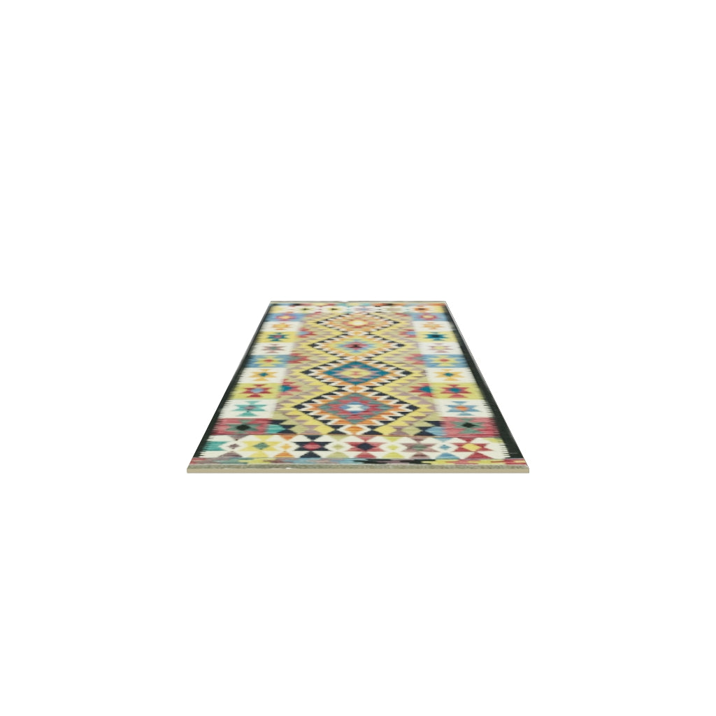 Afghan Kilim Runner 3x6 | Gold, Ivory & Navy | Hand-Woven Wool Flatweave | True-Size 3D Rug | View in Your Room