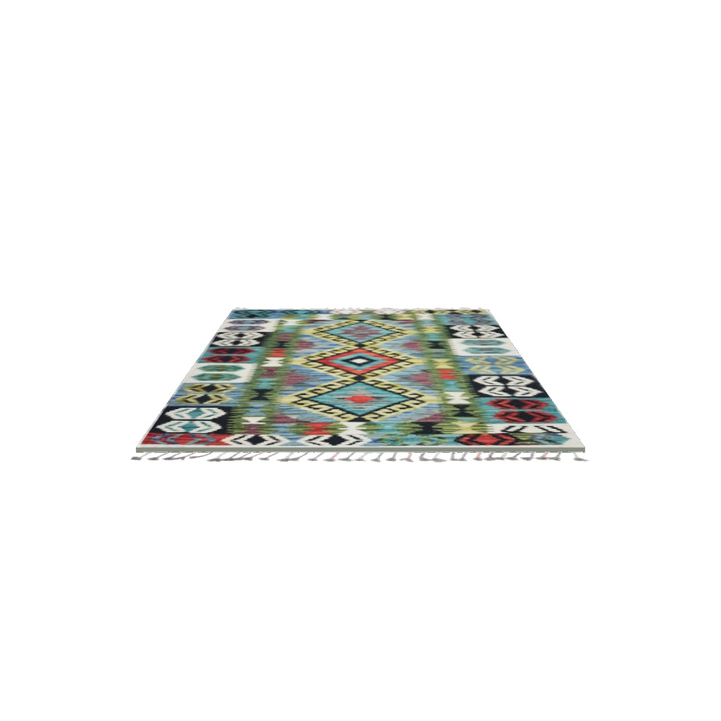 Afghan Kilim Rug 3x4 | Black, Blue & Teal | Hand-Woven Wool Flatweave | True-Size 3D Rug | View in Your Room