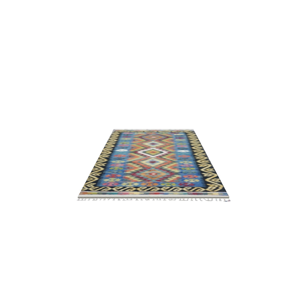 Afghan Kilim Rug 3x6 | Blue, Black & Gold | Hand-Woven Wool Flatweave | True-Size 3D Rug | View in Your Room