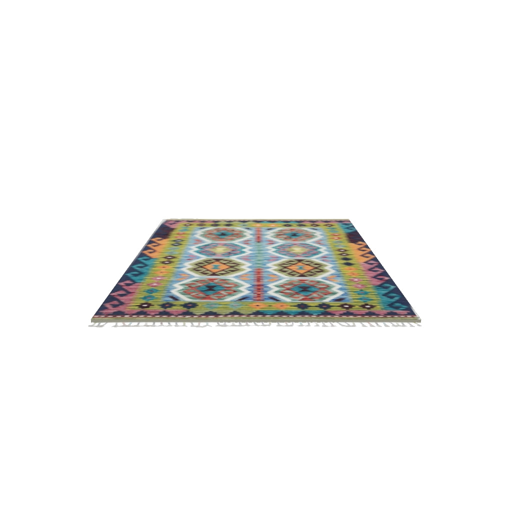 Afghan Kilim Rug 3x5 | Olive Green, Navy & Blue | Hand-Woven Wool Flatweave | True-Size 3D Rug | View in Your Room